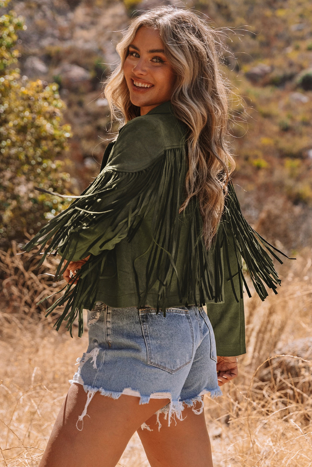 Green Cropped Fringe Faux Suede Jacket