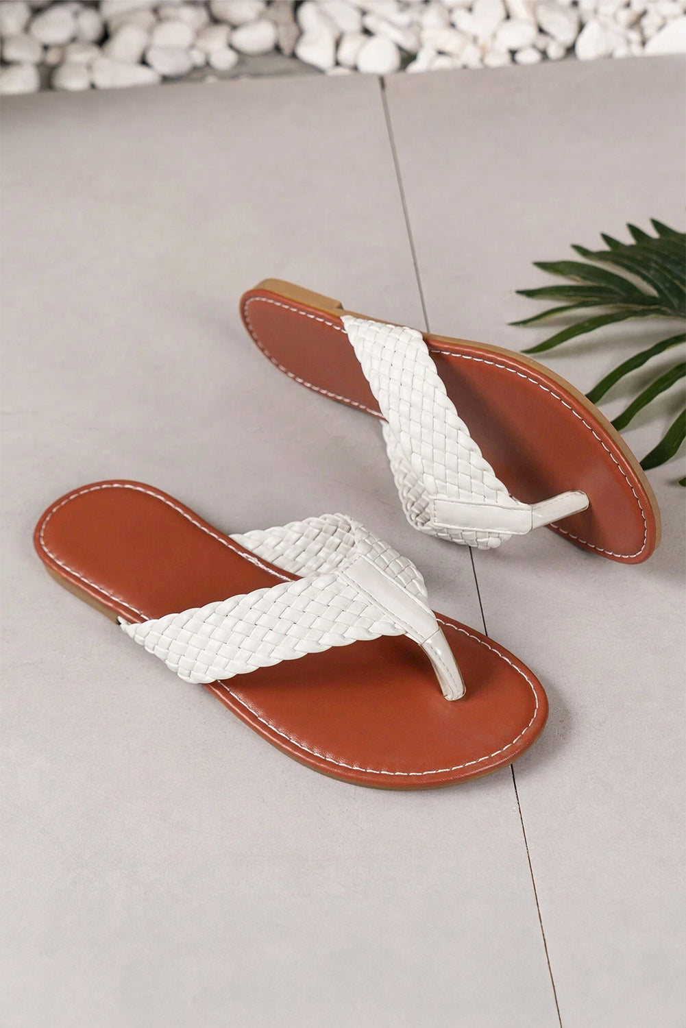 White Braided Strap Leather Flip Flop