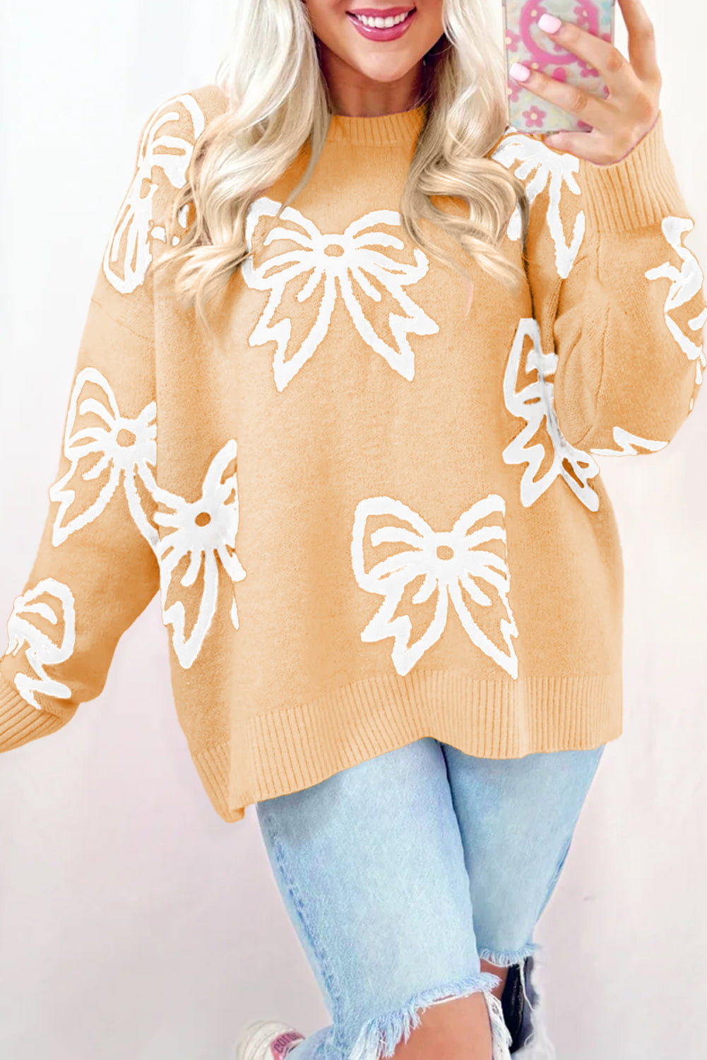 Bow Pattern Drop Shoulder Loose Sweater